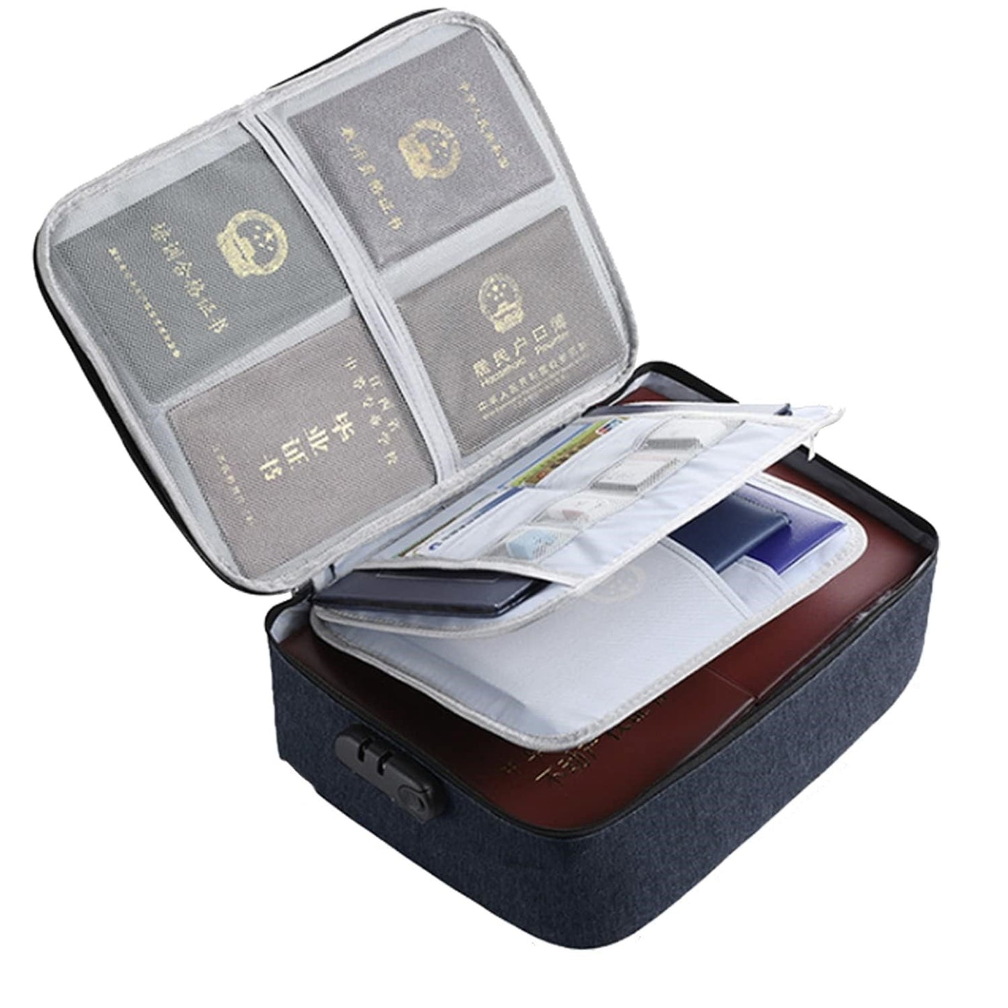 Geanta selexmo pentru Depozitare Acte si Documente, Facturi, Carduri, cu Cod de Securitate, 2 Compartimente, Impermeabila, 37 x 10.5 x 27 cm, Albastru Marin