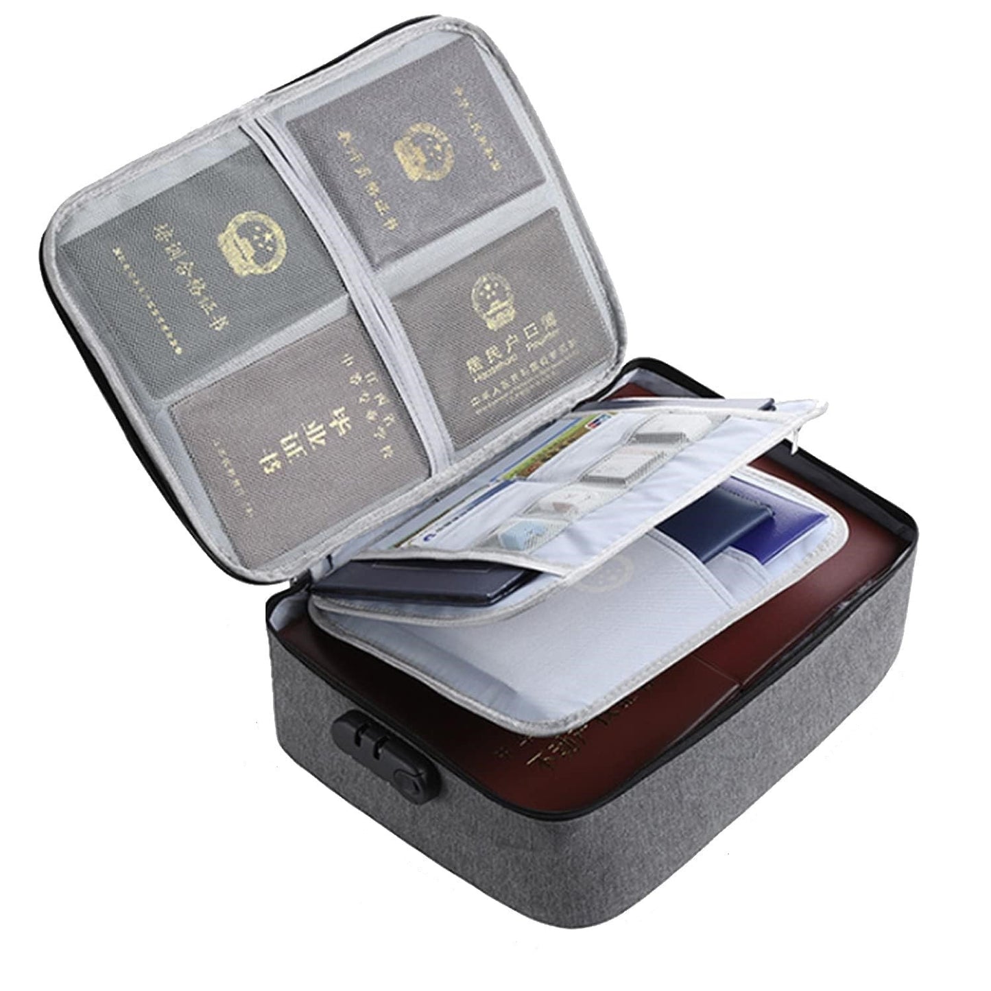 Geanta selexmo pentru Depozitare Acte si Documente, Facturi, Carduri, cu Cod de Securitate, 2 Compartimente, Impermeabila, 37 x 10.5 x 27 cm, Gri