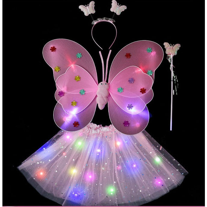 Costum Fluturaș cu Aripi Modelabile Luminoase pentru Copii, Fustă din Tul cu Lumini, Baghetă și Bentiță, 4 Piese – Ideal pentru Halloween, Cosplay, Crăciun, Carnaval, Paște sau Ziua Copilului