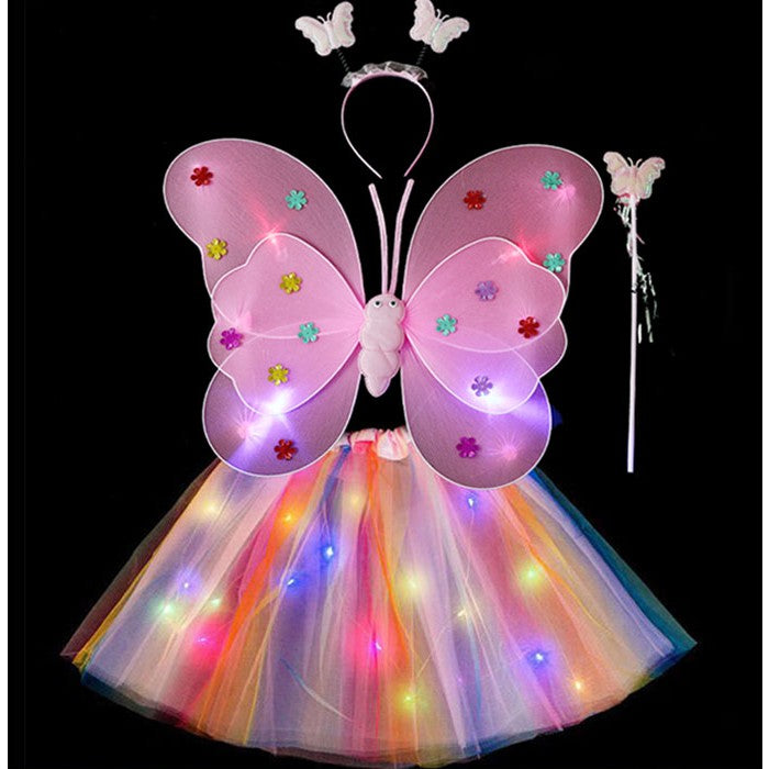 Costum Fluturaș cu Aripi Modelabile Luminoase pentru Copii, Fustă din Tul cu Lumini, Baghetă și Bentiță, 4 Piese – Ideal pentru Halloween, Cosplay, Crăciun, Carnaval, Paște sau Ziua Copilului