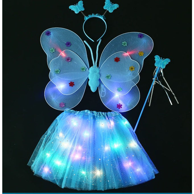 Costum Fluturaș cu Aripi Modelabile Luminoase pentru Copii, Fustă din Tul cu Lumini, Baghetă și Bentiță, 4 Piese – Ideal pentru Halloween, Cosplay, Crăciun, Carnaval, Paște sau Ziua Copilului