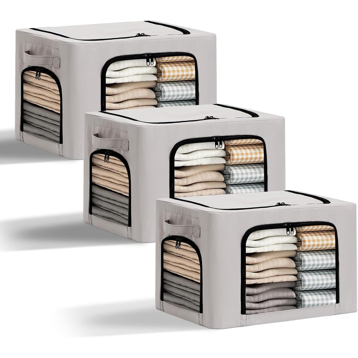 Cutie de Depozitare, selexmo, cu 3 Ferestre cu Fermoar Bidirectional, Cadru din Otel, Impermeabil, 38L, 42 x 30 x 30 cm, Gri