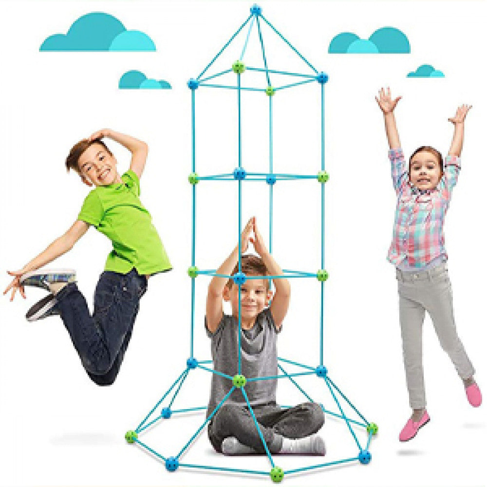 Kit de Constructie Fort 3D pentru Copii, 560 g, 36 Sfere, 51 Tije, Panza Verde Impermeabil