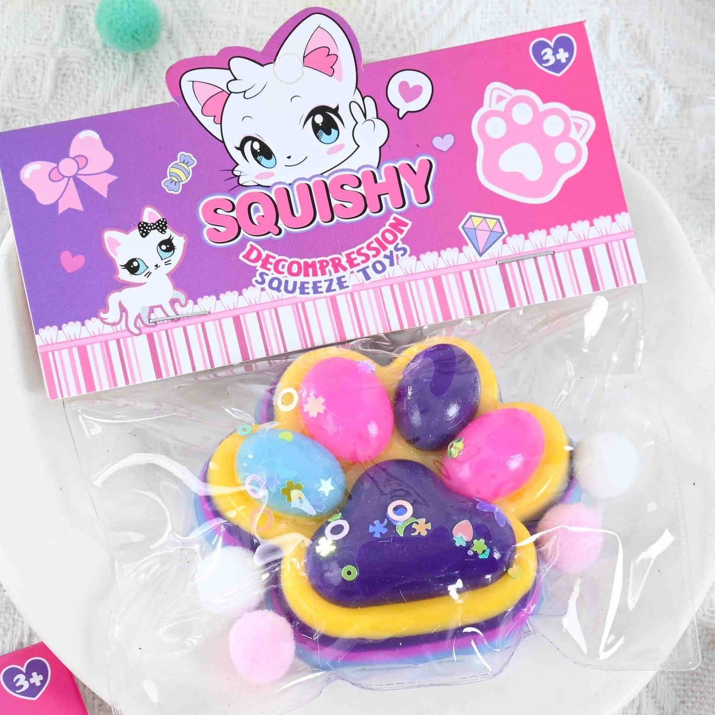Jucarie Antistres Squishy, selexmo, cu Revenire Lenta, Labuta de Pisica Pufoasa, 7.5 cm, Ambalaj Transparent, Model 27051, Multicolor