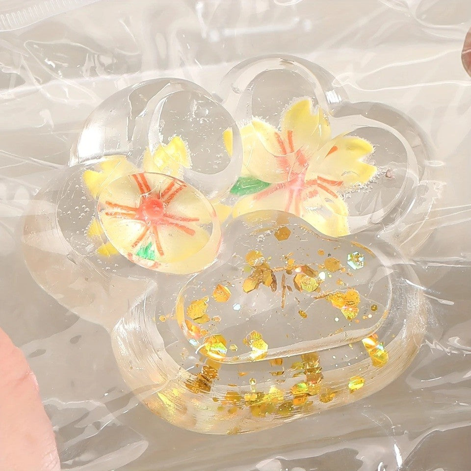 Jucarie Antistres Squishy, selexmo, Labuta de Pisica Pufoasa, cu Revenire Lenta, 7 x 6.5 cm, Model Flori 2, Transparent