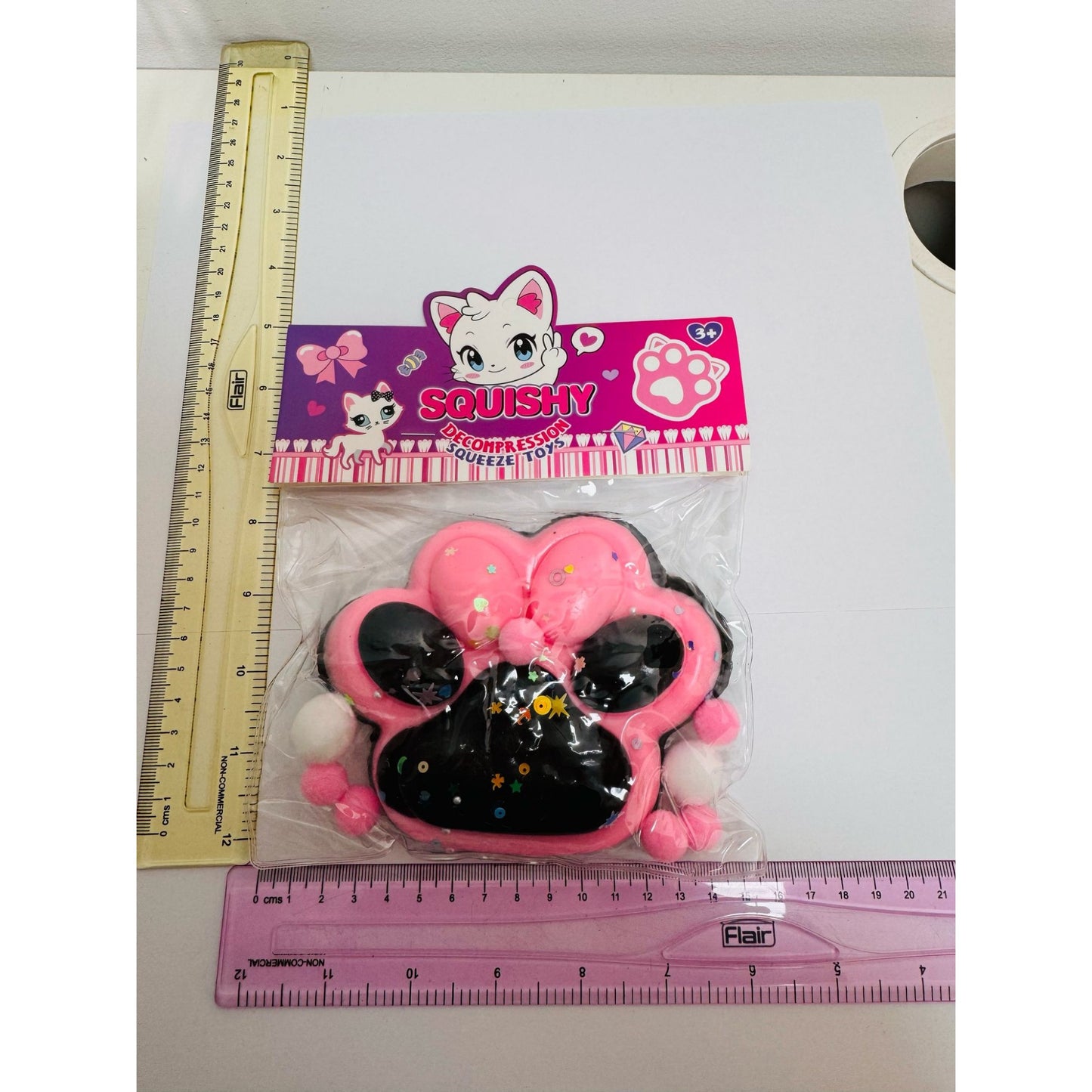 Jucarie Antistres Squishy, selexmo, cu Revenire Lenta, Model Labuta de Pisica, cu Stelute, 12 cm, 220g, Pinch Family, Ambalaj Transparent, Roz Negru