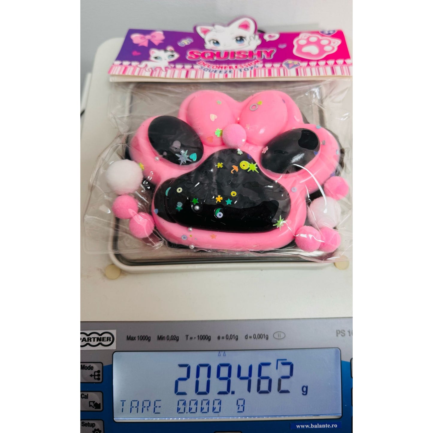 Jucarie Antistres Squishy, selexmo, cu Revenire Lenta, Model Labuta de Pisica, cu Stelute, 12 cm, 220g, Pinch Family, Ambalaj Transparent, Roz Negru