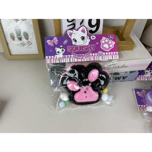 Jucarie Antistres Squishy, selexmo, cu Revenire Lenta, Model Labuta de Pisica, cu Stelute, 12 cm, 220g, Pinch Family, Ambalaj Transparent, Roz Negru