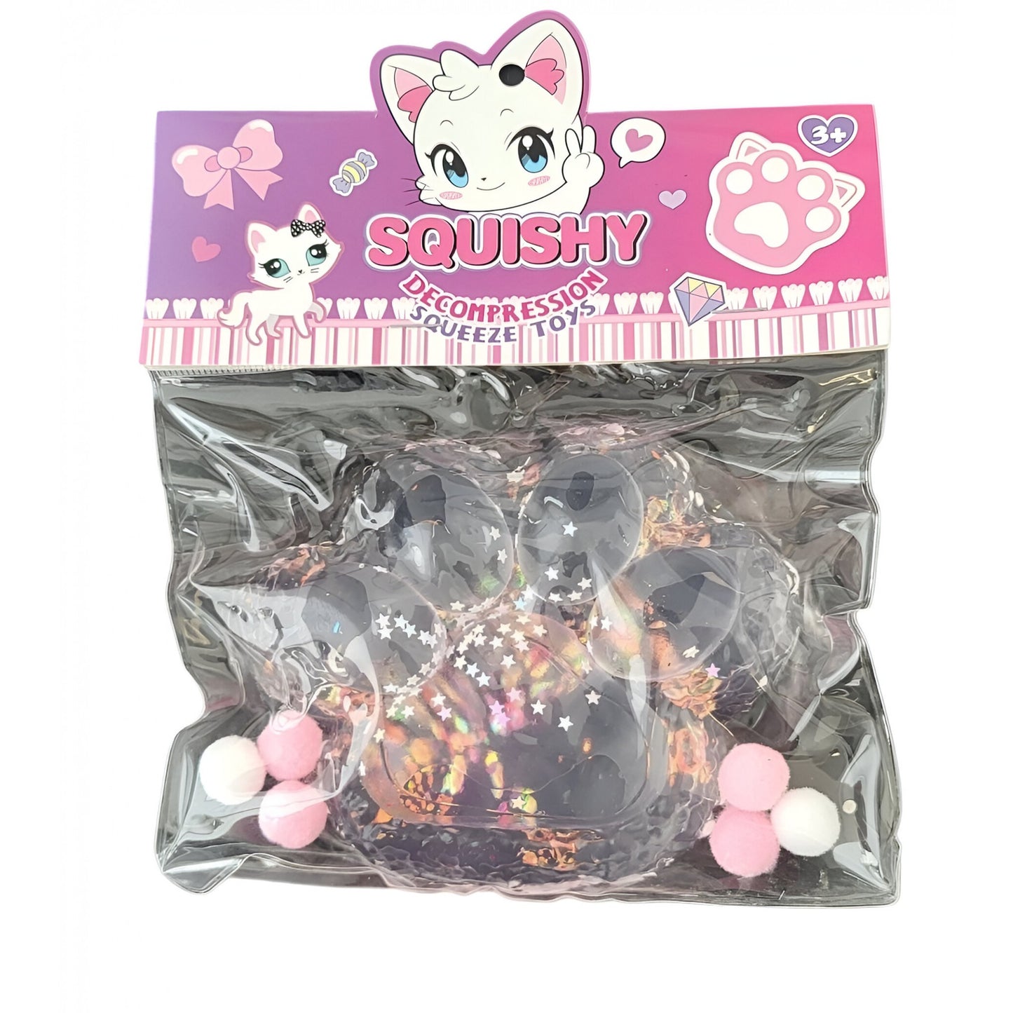 Jucarie Antistres Squishy, selexmo, cu Revenire Lenta, Model Labuta de Pisica Pufoasa, 12.5x10.5 cm, 220g, Squeeze Pinch Family, Roz transparent