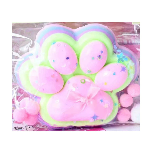 Jucarie Antistres Squishy, selexmo, cu Revenire Lenta, Model Labuta de Pisica YY1005, 220g, 12.5 x 10.5 cm, Squeeze Pinch Family, Ambalaj Transparent, Roz-Curcubeu