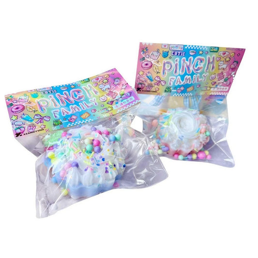 Jucarie Antistres Squishy, selexmo, cu Revenire Lenta, Squeeze Pinch Family, Model Prajitura, 8x8 cm, 90g, Ambalaj Transparent, Multicolor