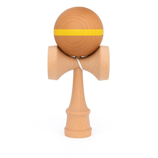 Jucarie Interactiva Kendama, Selexmo, din Lemn, 18 cm, Joc de Indemanare pentru Copii si Adulti, Model cu Dunga, Galben