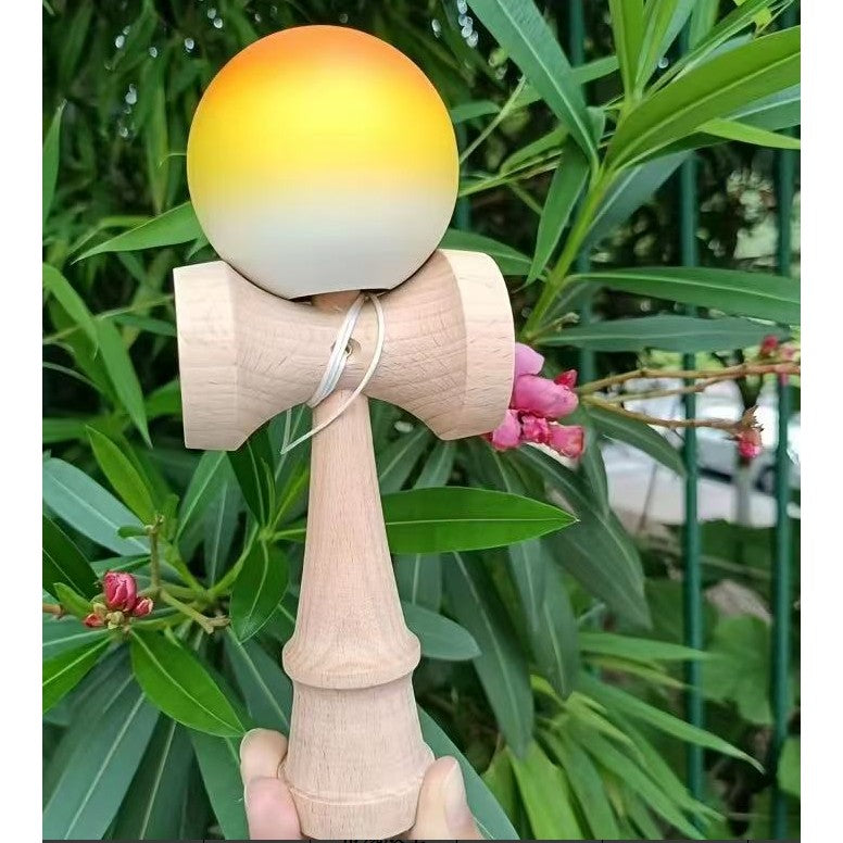 Jucarie Kendama X Originala, Profesionala, Selexmo, din Lemn, Rubber Grip, 18 cm, Portocaliu/Galben/Alb