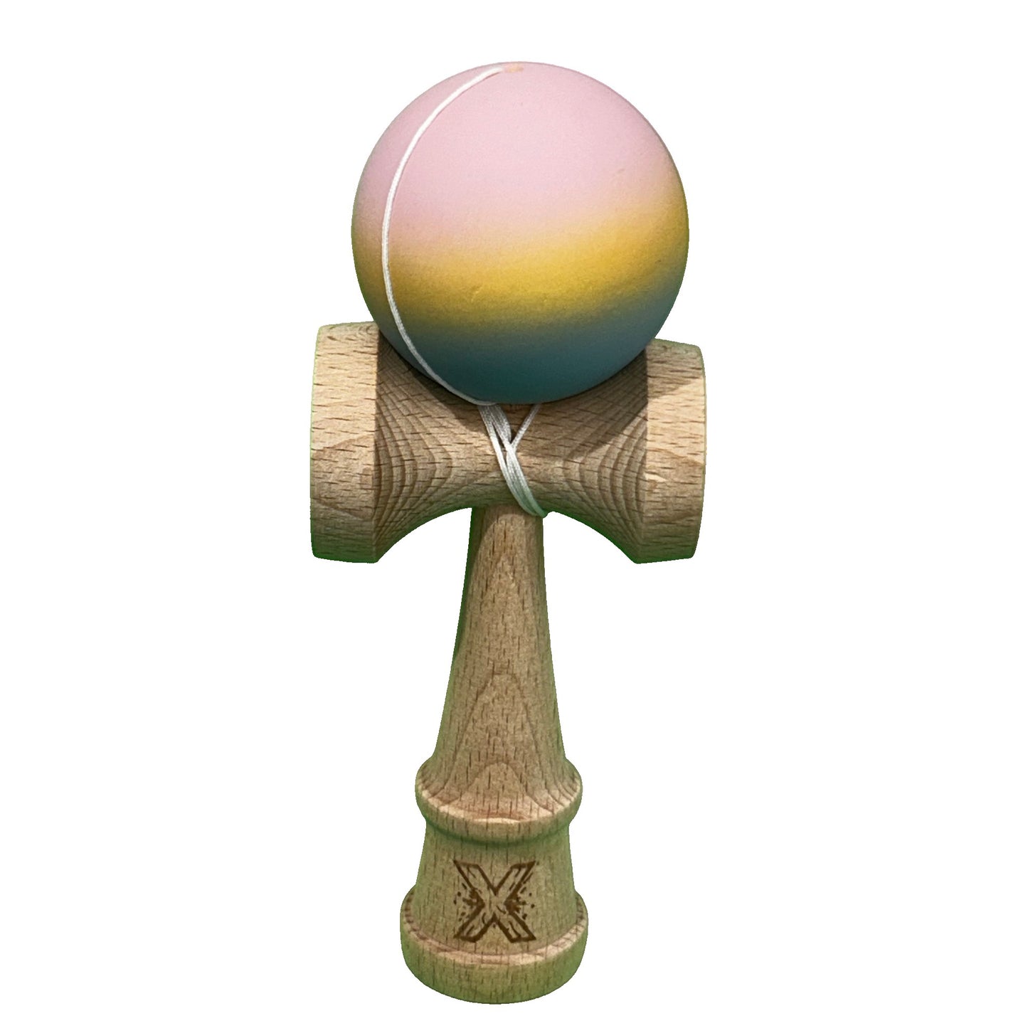 Jucarie Kendama X Originala, Profesionala, Selexmo, din Lemn, Rubber Grip, 18 cm, Roz/Galben/Albastru