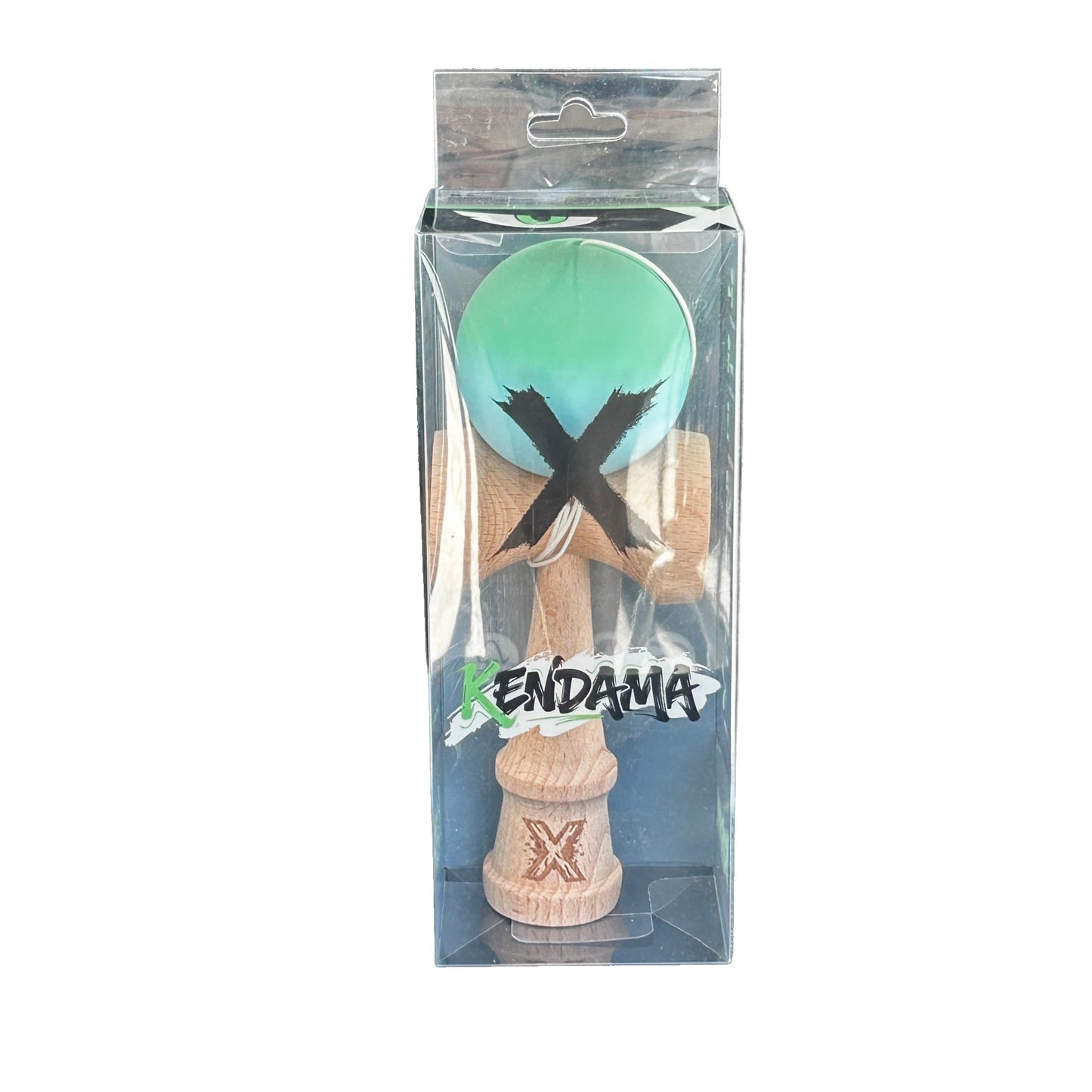 Jucarie Kendama X Originala, Profesionala, Selexmo, din Lemn, Rubber Grip, 18 cm, Verde/Albastru