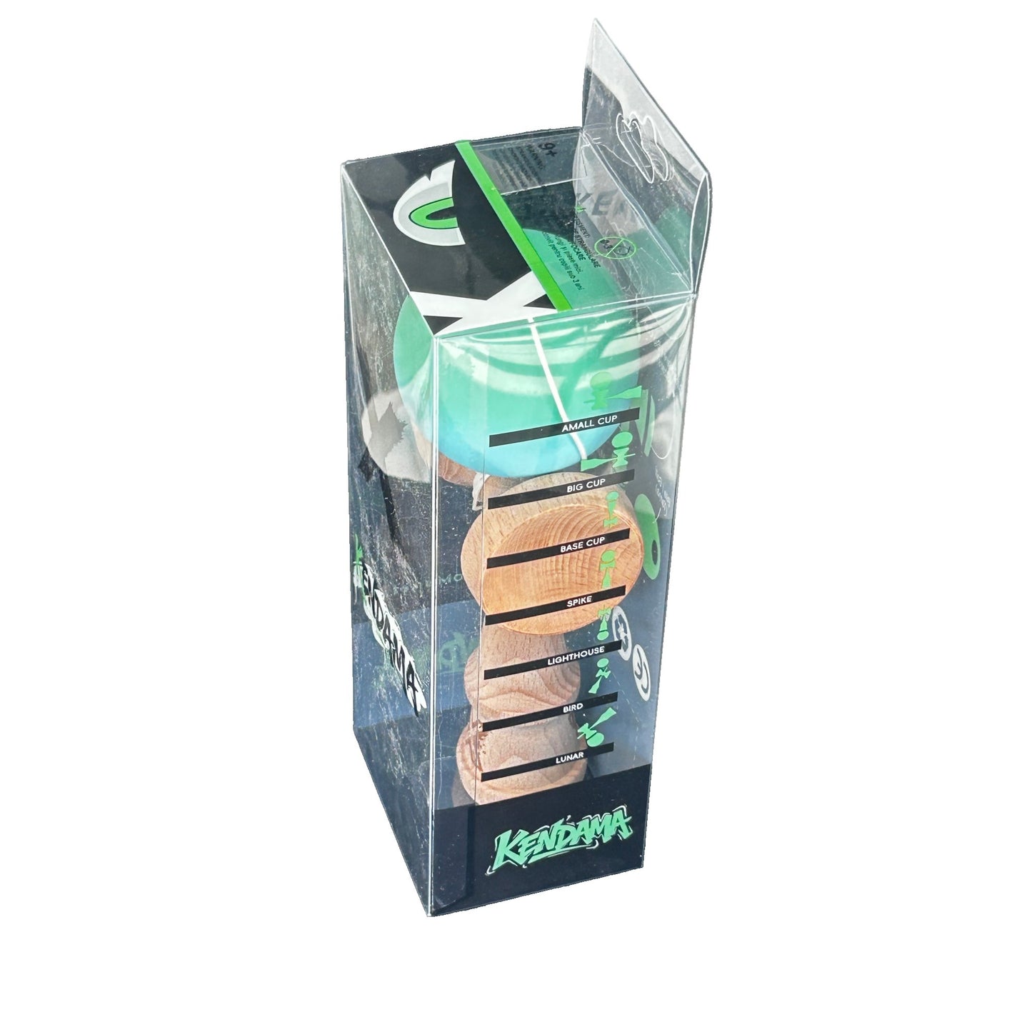 Jucarie Kendama X Originala, Profesionala, Selexmo, din Lemn, Rubber Grip, 18 cm, Verde/Albastru