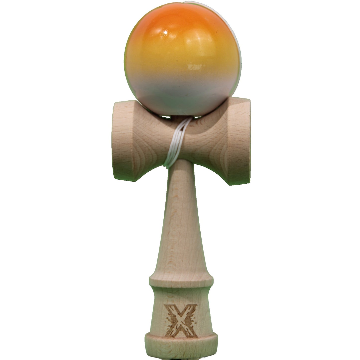 Jucarie Kendama X Originala, Profesionala, Selexmo, Super Sticky din Lemn, 18 cm, Gradient Portocaliu/Galben/Alb