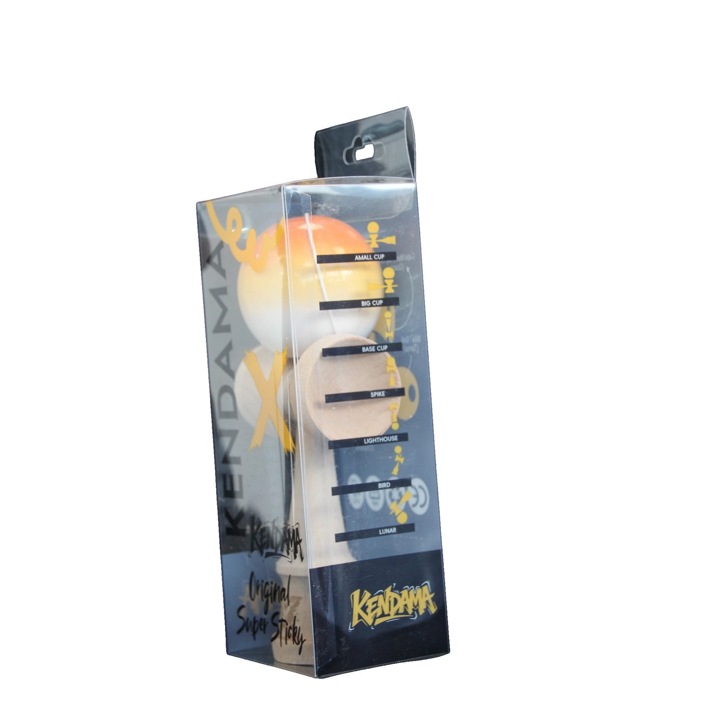 Jucarie Kendama X Originala, Profesionala, Selexmo, Super Sticky din Lemn, 18 cm, Gradient Portocaliu/Galben/Alb