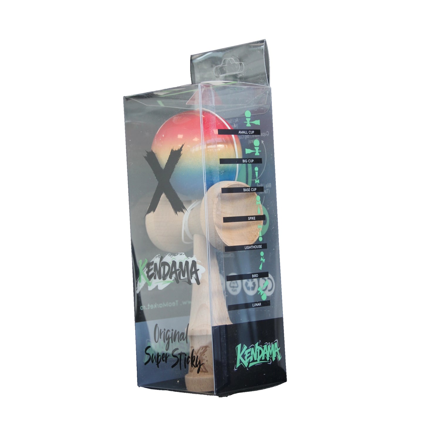 Jucarie Kendama X Originala, Profesionala, Selexmo, Super Sticky din Lemn, 18 cm, Gradient Rosu/Galben/Albastru