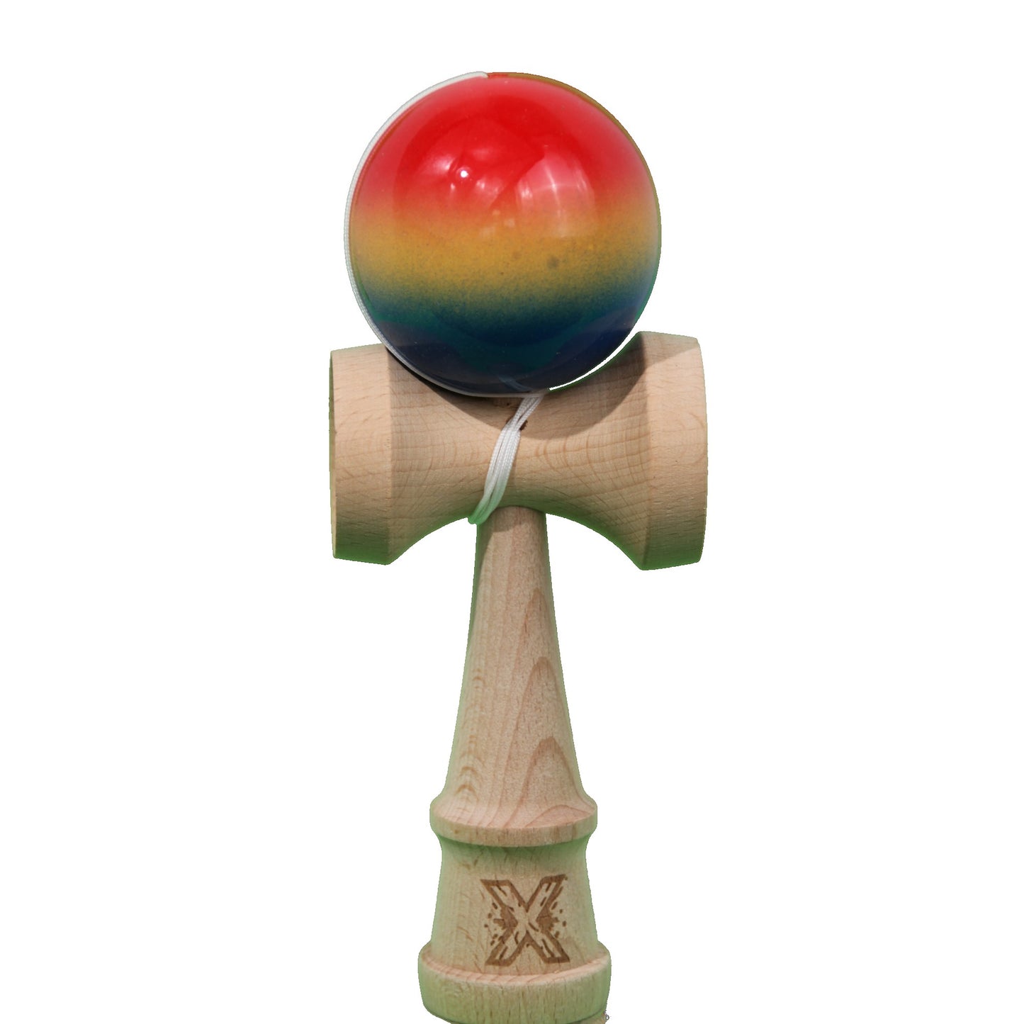 Jucarie Kendama X Originala, Profesionala, Selexmo, Super Sticky din Lemn, 18 cm, Gradient Rosu/Galben/Albastru