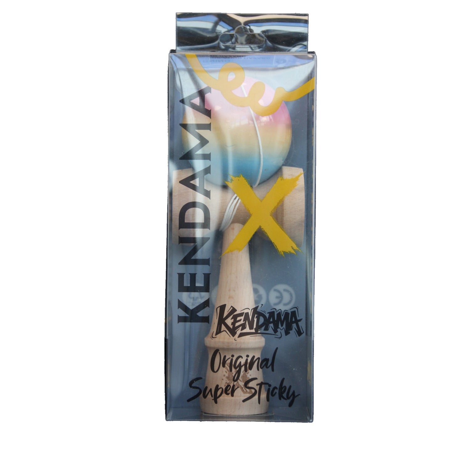 Jucarie Kendama X Originala, Profesionala, Selexmo, Super Sticky din Lemn, 18 cm, Gradient Roz/Galben/Albastru