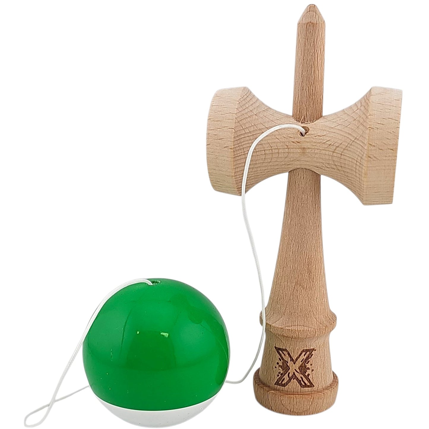 Jucarie Kendama X Originala, Profesionala, Selexmo, Super Sticky din Lemn, 18 cm, pentru Copii si Adulti, Verde inchis/Alb