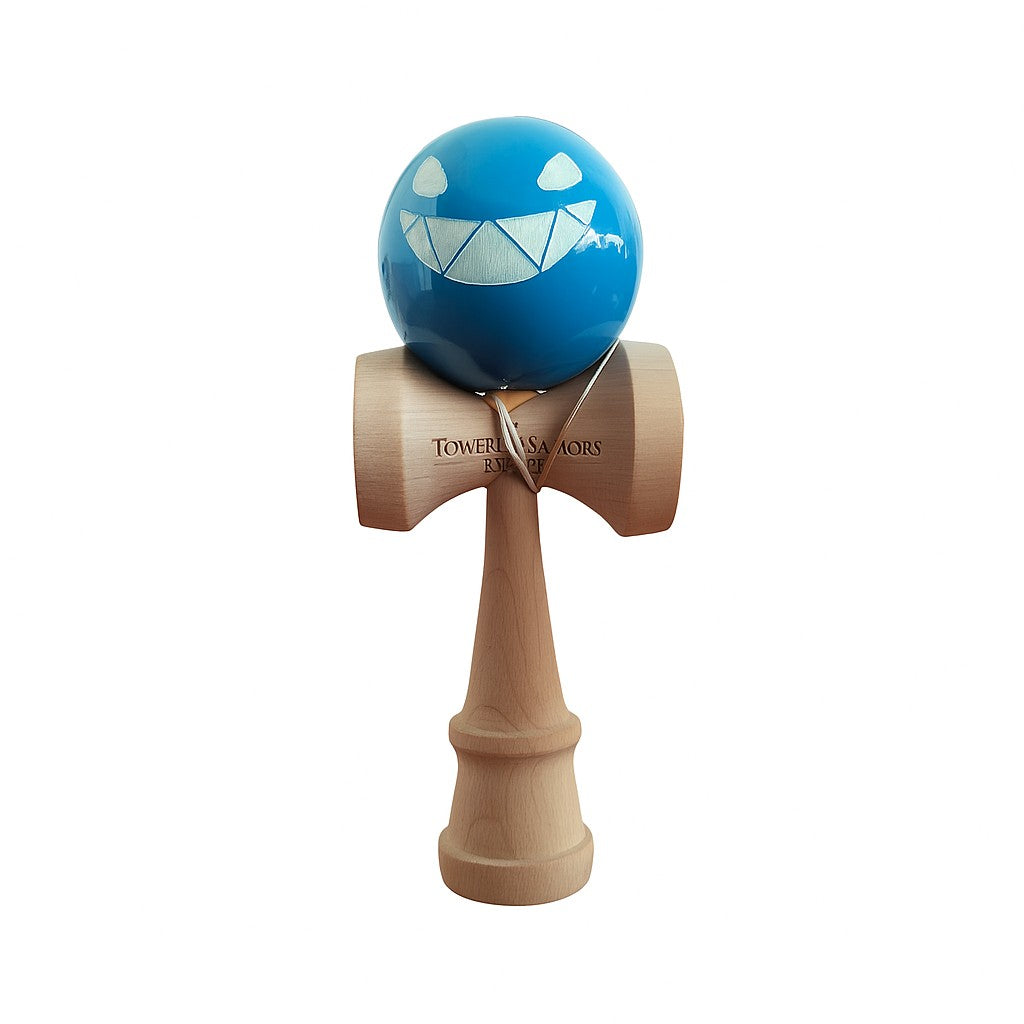 Jucarie Kendama X Originala, Profesionala Limited Crazy Smile, Selexmo, din Lemn cu Bila din Invelis SUPER STICK, 18 cm, Joc pentru Copii si Adulti, Albastru
