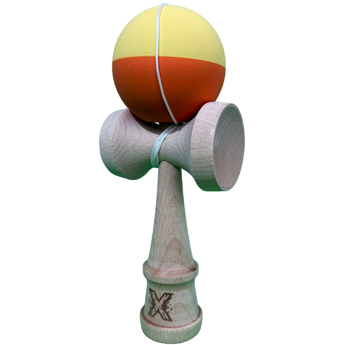 Kendama X Originala, Profesionala, Selexmo, din Lemn, Rubber Grip, 18 cm, Galben/Portocaliu