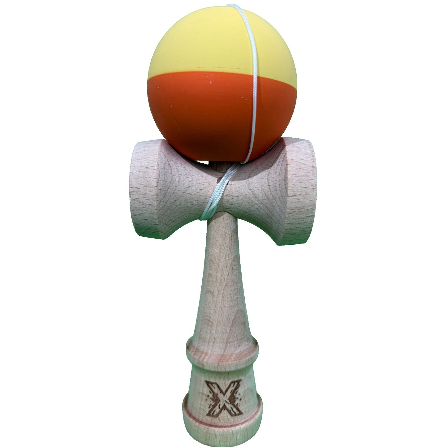 Kendama X Originala, Profesionala, Selexmo, din Lemn, Rubber Grip, 18 cm, Galben/Portocaliu