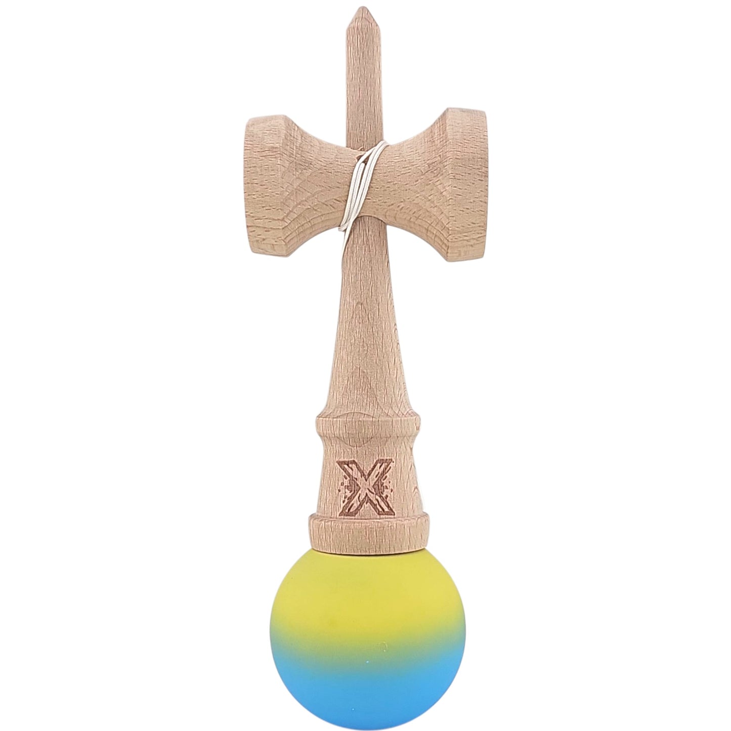 Kendama X Originala, Profesionala, Selexmo, 18 cm, Profesionala, +9 Ani, din Lemn, Gradient Galben/Albastru