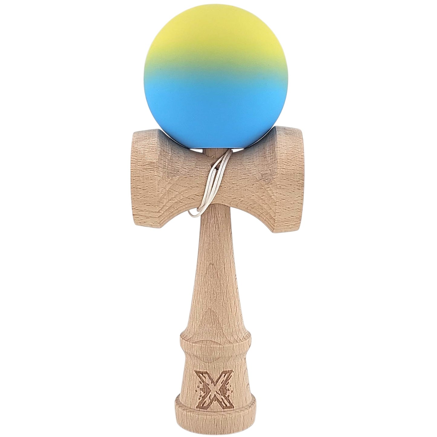 Kendama X Originala, Profesionala, Selexmo, 18 cm, Profesionala, +9 Ani, din Lemn, Gradient Galben/Albastru