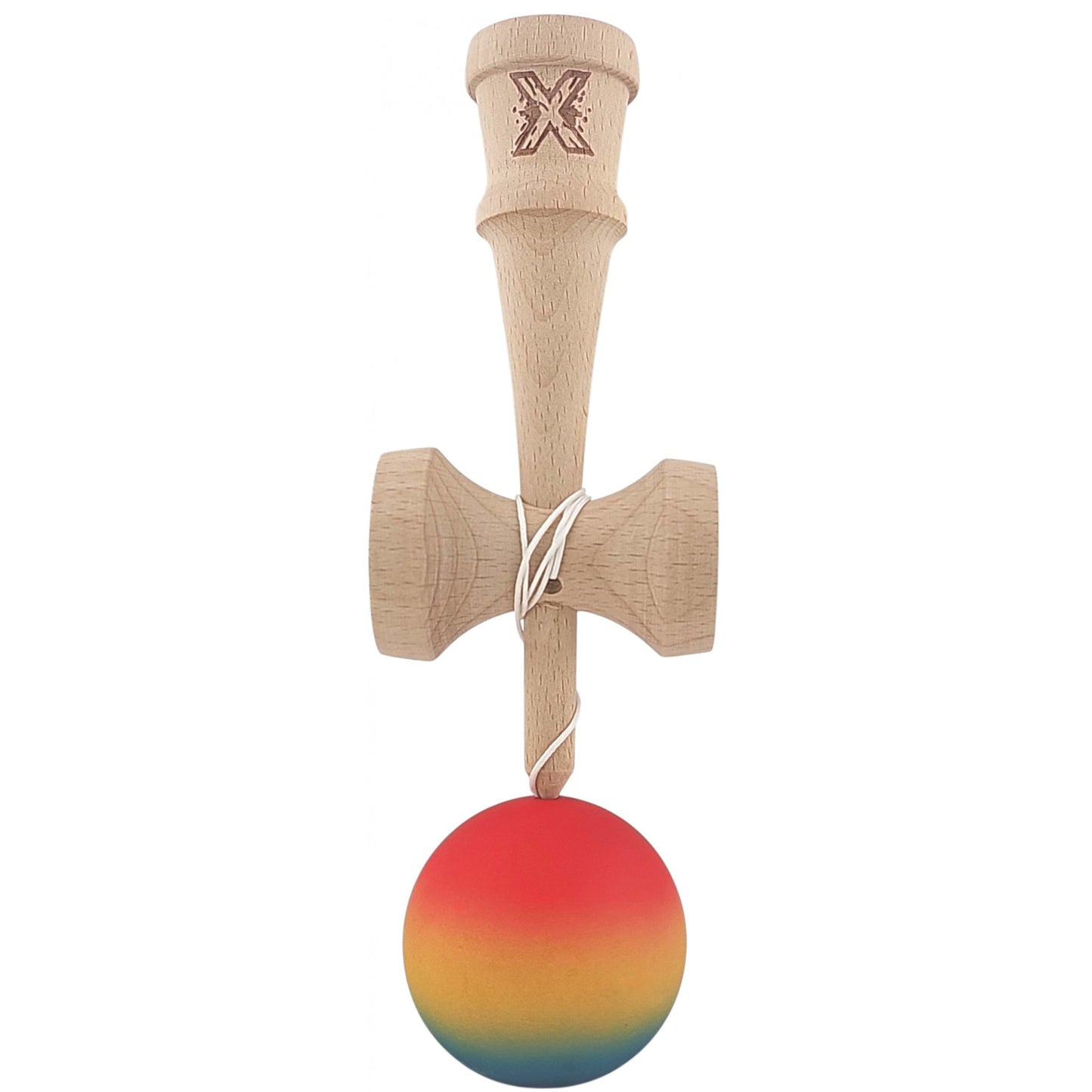 Kendama X Originala, Profesionala, Selexmo, din Lemn, Rubber Grip, 18 cm,Rosu/Galben/Albastru