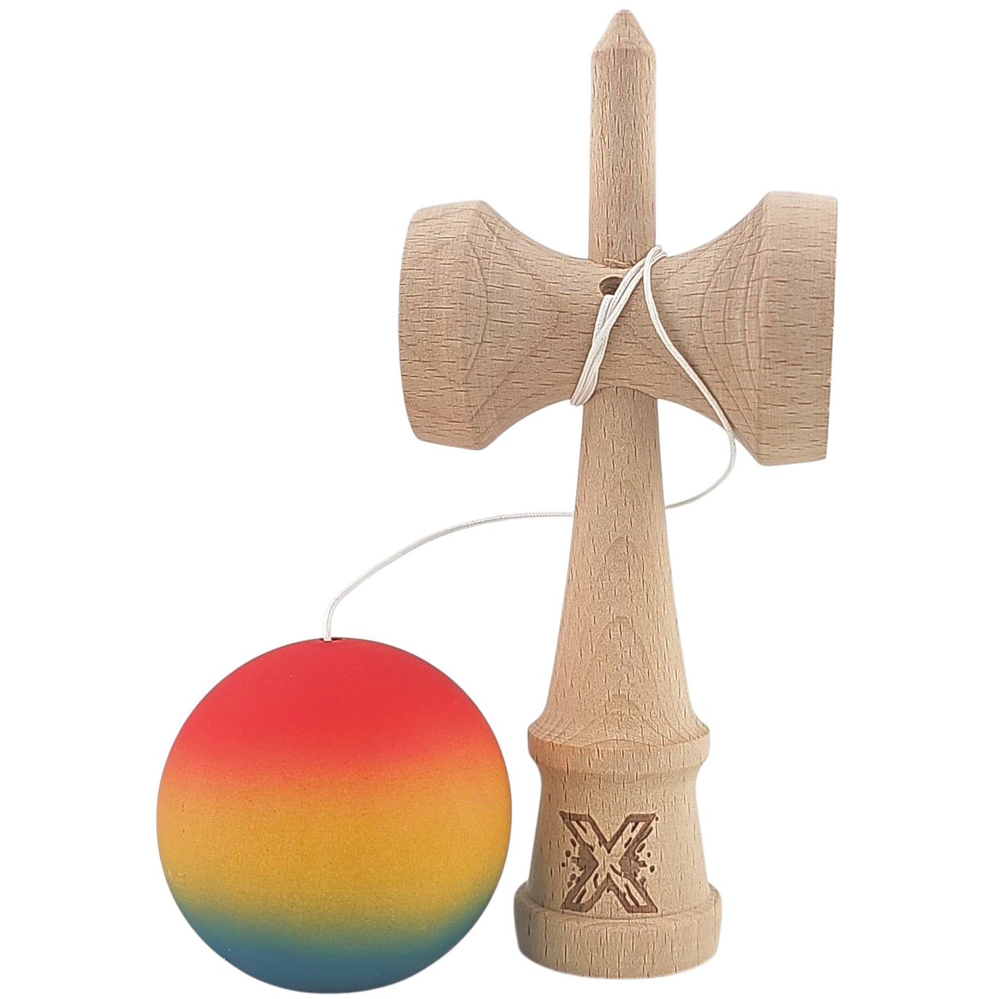 Kendama X Originala, Profesionala, Selexmo, din Lemn, Rubber Grip, 18 cm,Rosu/Galben/Albastru