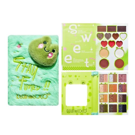 Set de Machiaj Kevin&Coco, 38 culori, Fard Ochi, Iluminatoare si Contouring, Husa Pufoasa, Model Broscuta, 17.3x12.5x5 cm, Multicolor