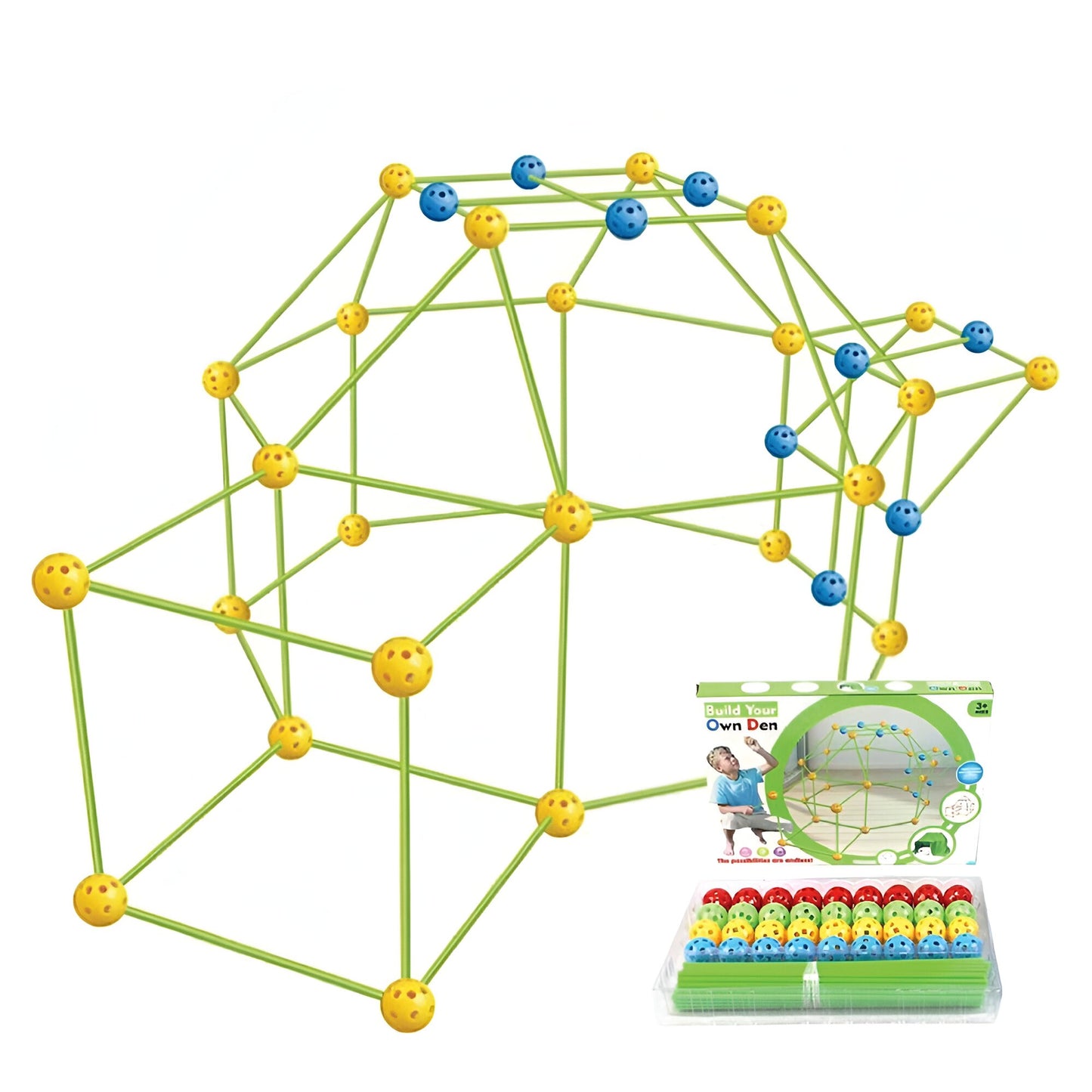 Kit de Constructie Fort 3D pentru Copii, 560 g, 36 Sfere, 51 Tije, Panza Verde Impermeabil