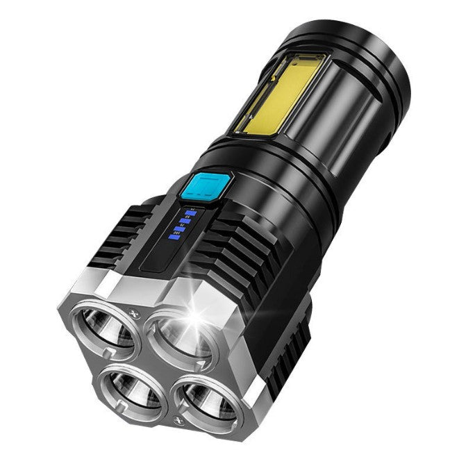 LANTERNA LED TACTICA 2 IN 1, 4 MODURI DE ILUMINARE, TIP PROIECTOR COB, REZISTENTA LA APA, REINCARCABILA, USB, LANTERNA DE DRUMETII, 13.6 X 5 CM, NEGRU