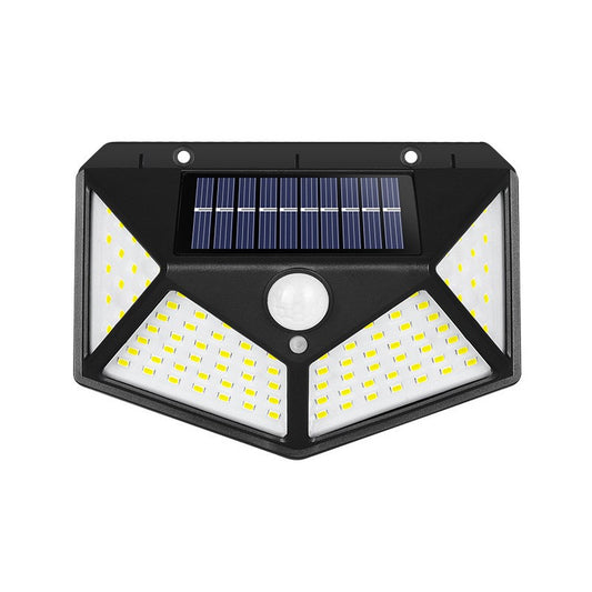 Lampa cu incarcare solara pentru exterior, 100 LED cu distanta de inductie, montaj pe perete, fara cabluri, cu 4 fete, Selexmo