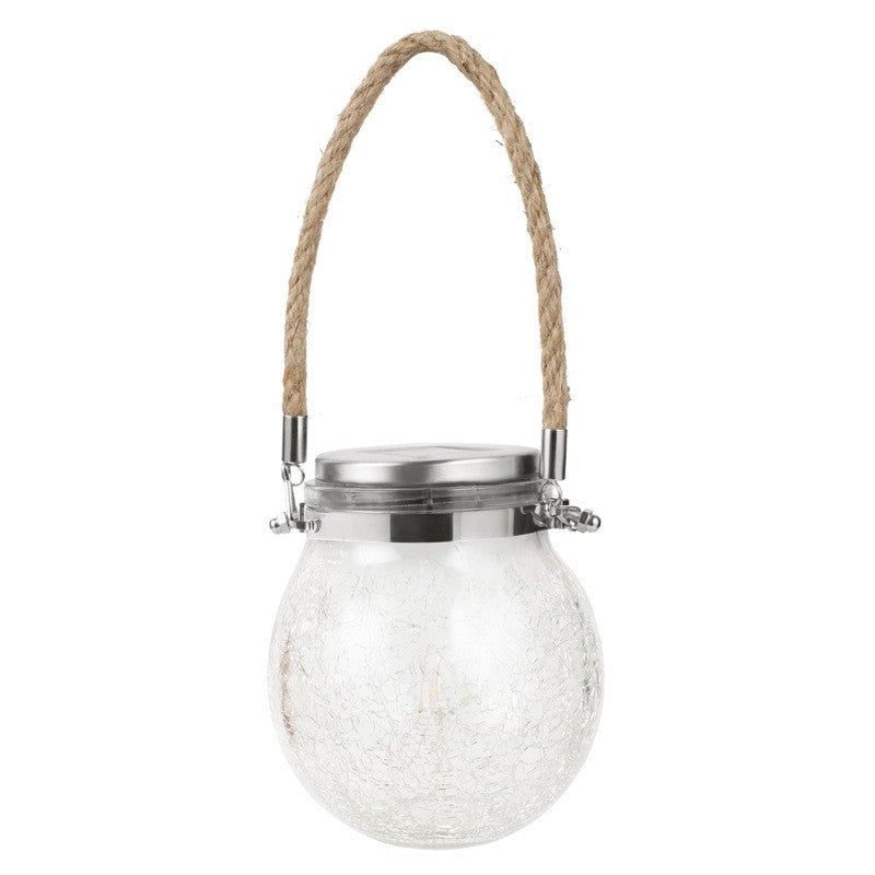 Lampa solara decorativa pentru exterior Selexmo, IP65, 20 LED-uri, 600mAh, 14 x 12 cm, cu agatatoare, model borcan rotund, alb cald
