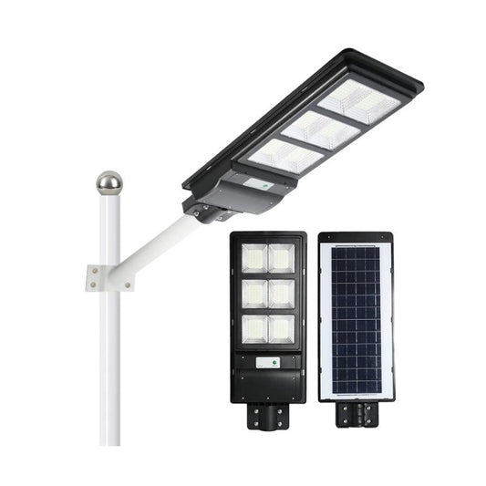 Lampa solara stradala Selexmo, cu telecomanda, senzor de miscare si lumina, suport prindere, 135 LED-uri, IP65, ABS, 8AH, 100W, temperatura culoare 6500K, 48.5x22x6.8 cm, autonomie 10-12 ore, negru