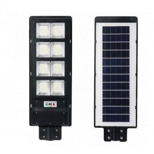 Lampa solara stradala Selexmo, cu telecomanda, senzor de miscare si lumina, suport prindere, 180 LED-uri, IP65, ABS, 10AH, 200W, temperatura culoare 6500K, 59.5x23.8x6.8 cm, autonomie 10-12 ore, negru