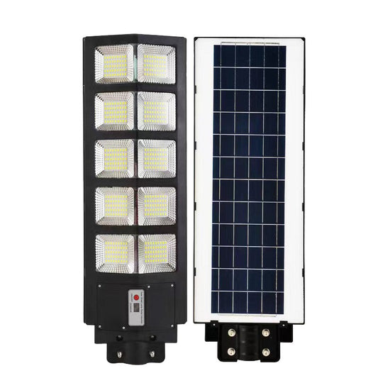 Lampa solara stradala Selexmo, cu telecomanda, senzor de miscare si lumina, suport prindere, 225 LED-uri, IP65, ABS, 15AH, 300W, temperatura culoare 6500K, 69.5x24.3x6.8 cm, autonomie 10-12 ore, negru