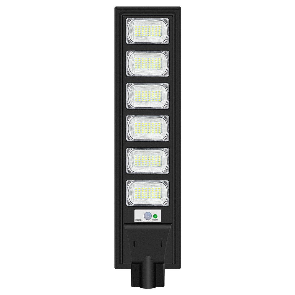 Lampa solara stradala Selexmo, cu telecomanda, senzor de miscare si lumina, suport prindere, 288 LED-uri, IP65, ABS, 15AH, 300W, temperatura culoare 6500K, 79x18.8x5 cm, autonomie 10-12 ore, negru