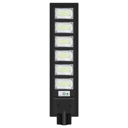 Lampa solara stradala Selexmo, cu telecomanda, senzor de miscare si lumina, suport prindere, 288 LED-uri, IP65, ABS, 15AH, 300W, temperatura culoare 6500K, 79x18.8x5 cm, autonomie 10-12 ore, negru