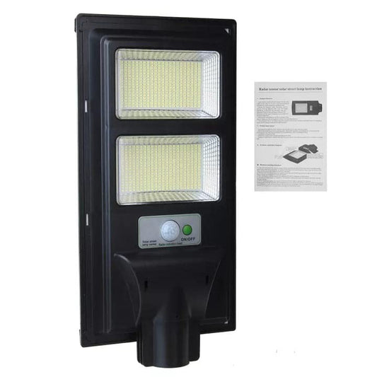 Lampa solara stradala Selexmo, cu suport de prindere si telecomanda, senzor de miscare si lumina, 96 LED-uri, IP65, ABS, 5AH, 100W, temperatura culoare 6500K, 37.8x18.8x5 cm, autonomie 10-12 ore, negru