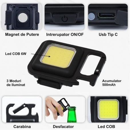 Lanterna de buzunar tip breloc, incarcare prin usb Type C