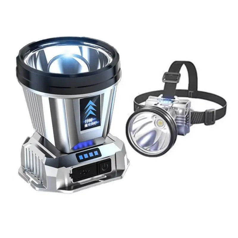 Lanternă LED Multifuncțională cu Power Bank, Suport pentru Cap și Încărcare USB – Rază de Până la 1 Km, 3 Moduri de Lumină, și Afișaj al Bateriei