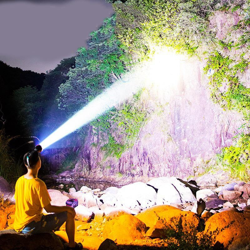 Lanternă LED Multifuncțională cu Power Bank, Suport pentru Cap și Încărcare USB – Rază de Până la 1 Km, 3 Moduri de Lumină, și Afișaj al Bateriei