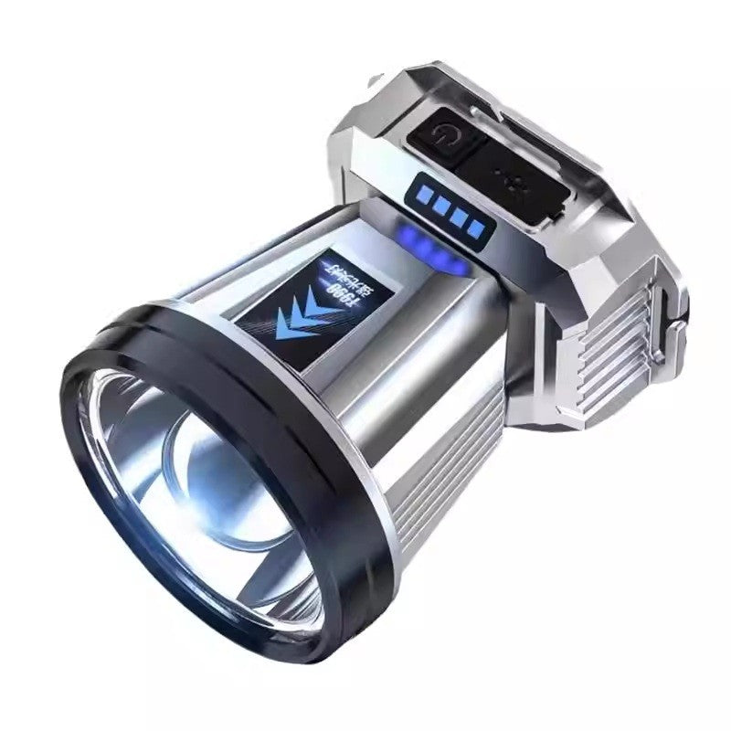 Lanternă LED Multifuncțională cu Power Bank, Suport pentru Cap și Încărcare USB – Rază de Până la 1 Km, 3 Moduri de Lumină, și Afișaj al Bateriei