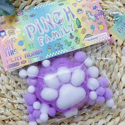 Jucarie Antistres Squishy, selexmo, cu Revenire Lenta, Squeeze Pinch Family, Model Labuta de Pisica Pufoasa, 6x6 cm, 72g, Ambalaj Transparent, Mov-Alb