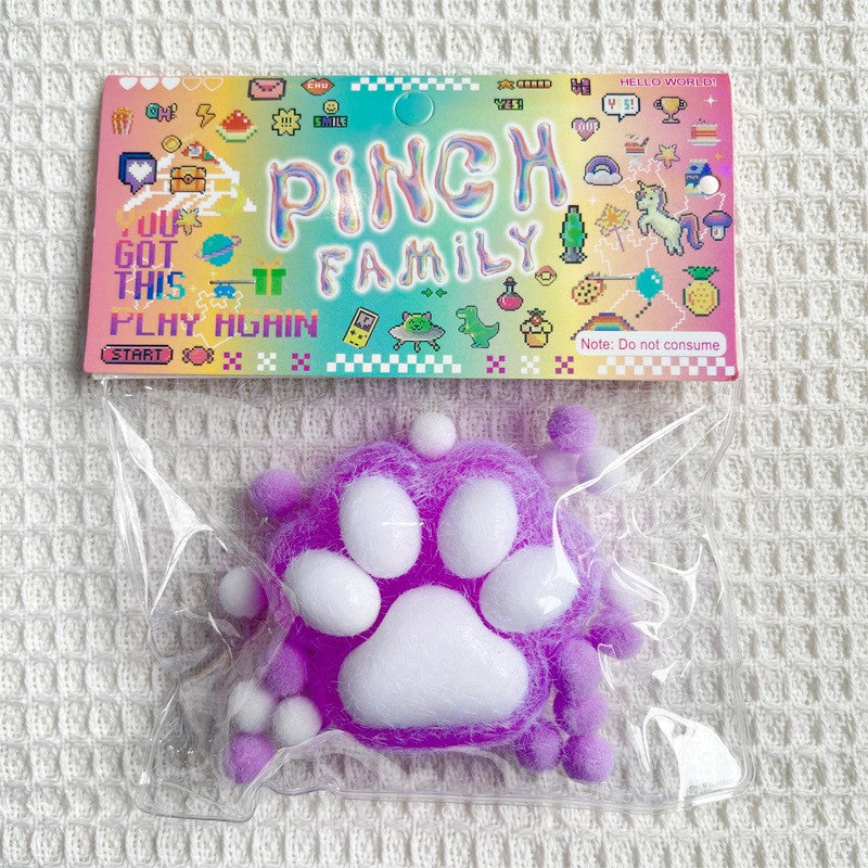 Jucarie Antistres Squishy, selexmo, cu Revenire Lenta, Squeeze Pinch Family, Model Labuta de Pisica Pufoasa, 6x6 cm, 72g, Ambalaj Transparent, Mov-Alb